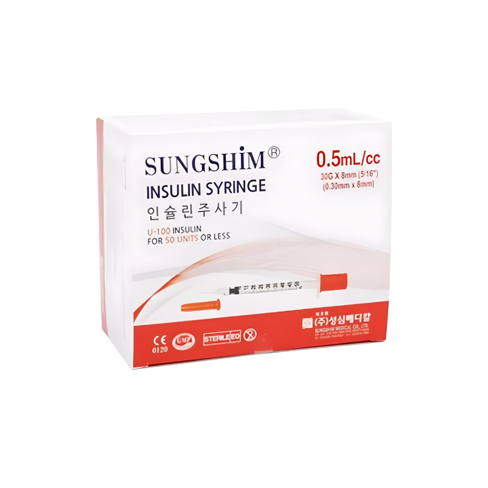 Sungshim 31G Ultra-Thin Insulin Syringe with Needles (8mm, 0.5cc)